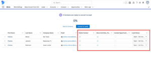 Convert contacts to leads table Delete, Move, Include and Status columns