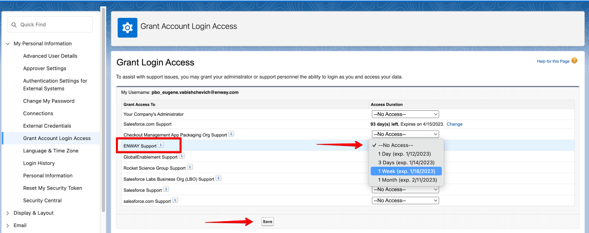 Grant Login Access menu ENWAY Support