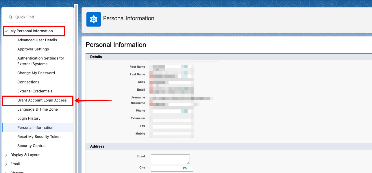 Grant Account Login Access menu